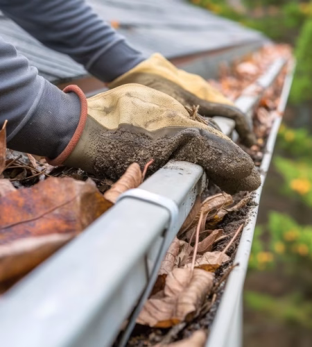 A man cleaning out his gutters, preventing water damage and potential leak
