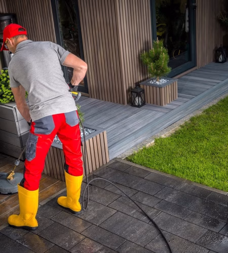 Caucasian Man in His 40s Pressure Washing Concrete Bricks Patio Using Washer Surface Attachment. Garden Maintenance.