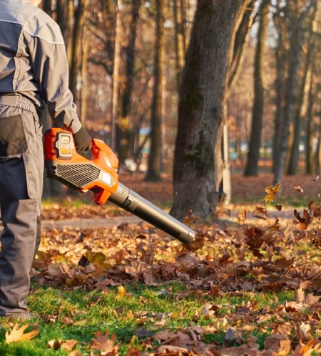 Unrecognizable male worker using leaf blower in city park in fall. Back view of strong man wearing protective overalls blowing out dry leaves from green lawn. Concept of seasonal work.