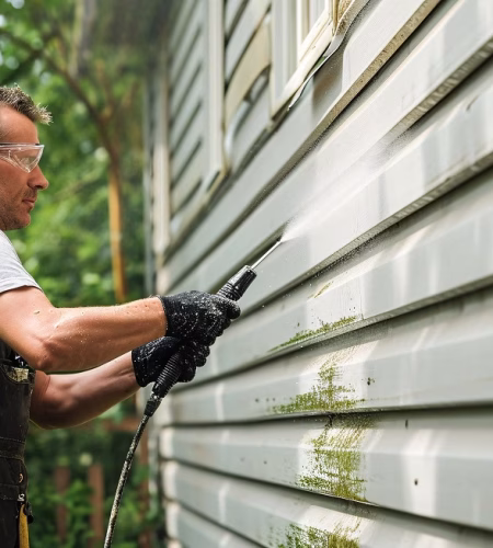 A white male using a rubber spray wand to pressure wash the exterior of a home.